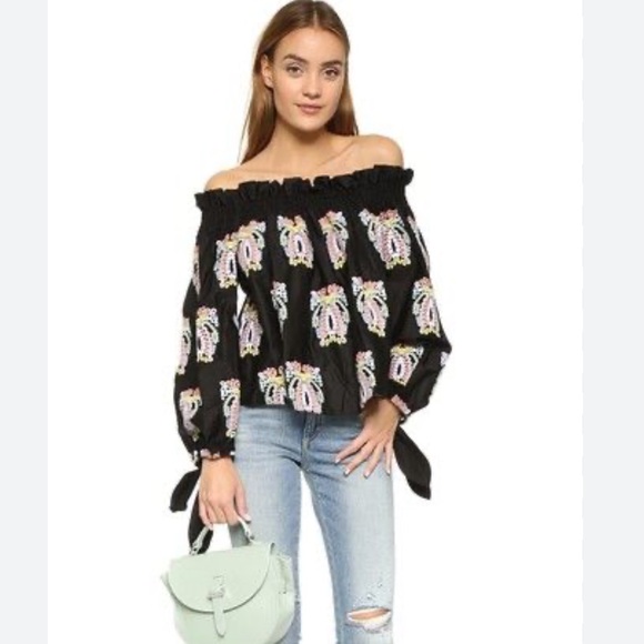 Caroline Constas Lou Embroidered Eyelet Paisley Off Shoulder Top Boho Black, M - Picture 2 of 14